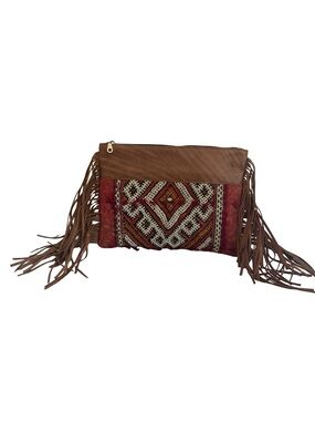 Gift From Morocco Brown Faux Leather Clutch Bag Purse Fringe Handbag Vegan